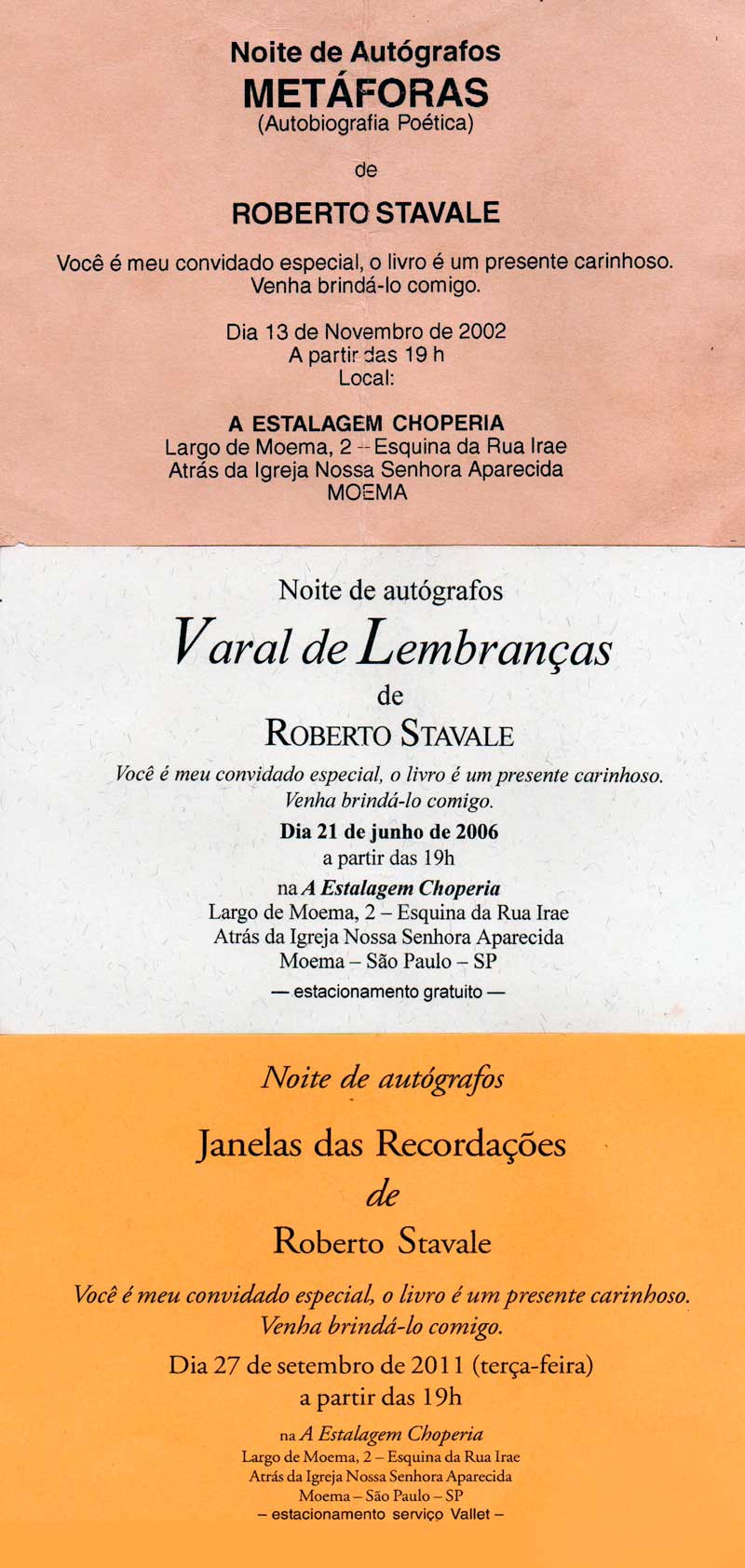 19. Alguns convites para Noites de Autógrafos de Roberto, sempre na Estalagem Choperia (bairro Moema - SP) 