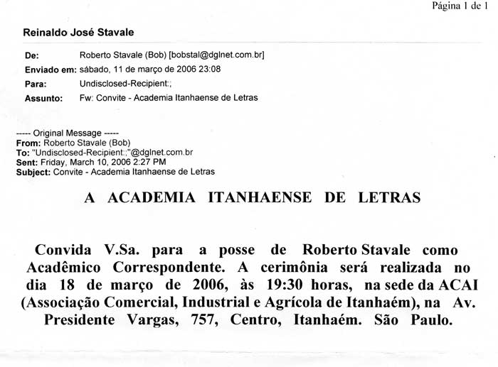 25. Convite para a posse de Roberto Stávale na Academia Itanhaense de Letras