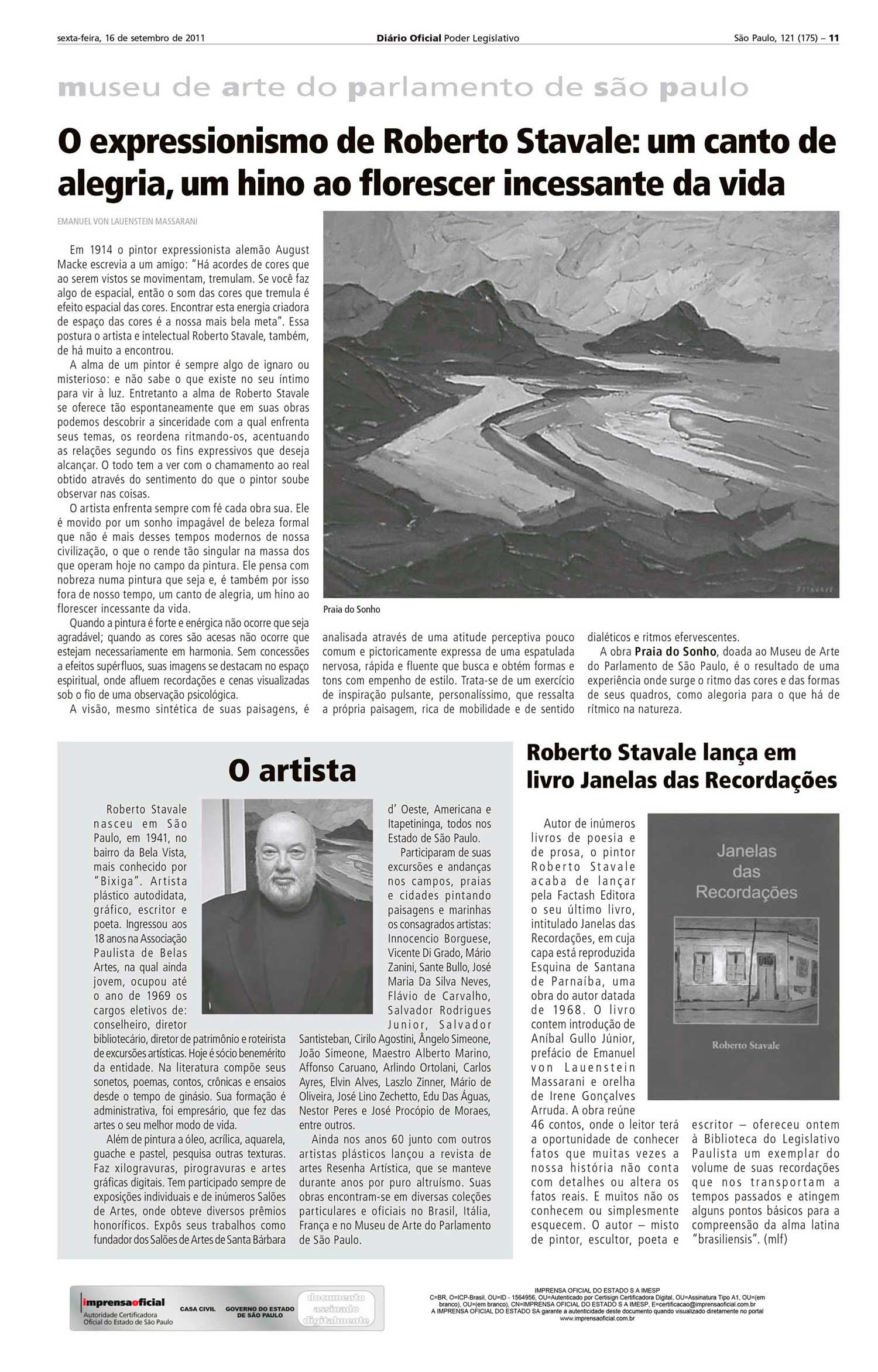 33.b. Diario Oficial do Estado de São Paulo - Poder Legislativo - Reportagem sobre o artista e escritor Roberto Stávale (16_09_2011)