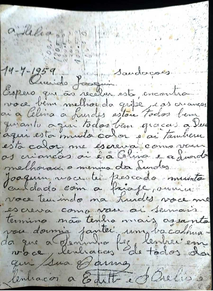 Carta de Carmem Stávale para o seu marido Joaquim em 1959